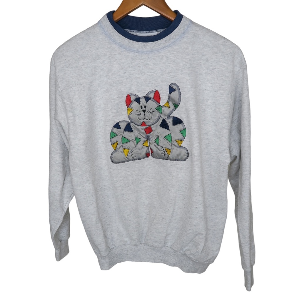 Vintage 90s Embroidered Patchwork Cat Sweatshirt